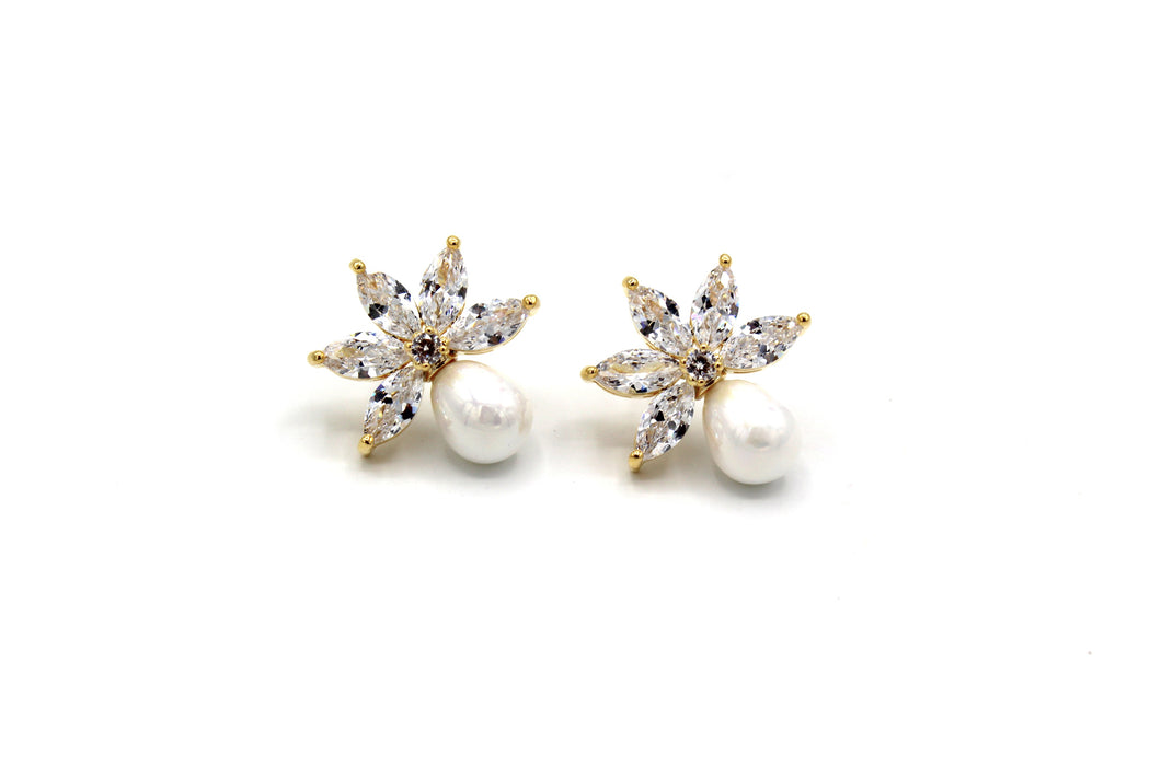 Pearl Power - Pearl Bridal Earrings | CZ Pearl Stud Earrings | Crystal Drop Earrings - Amelie Owen