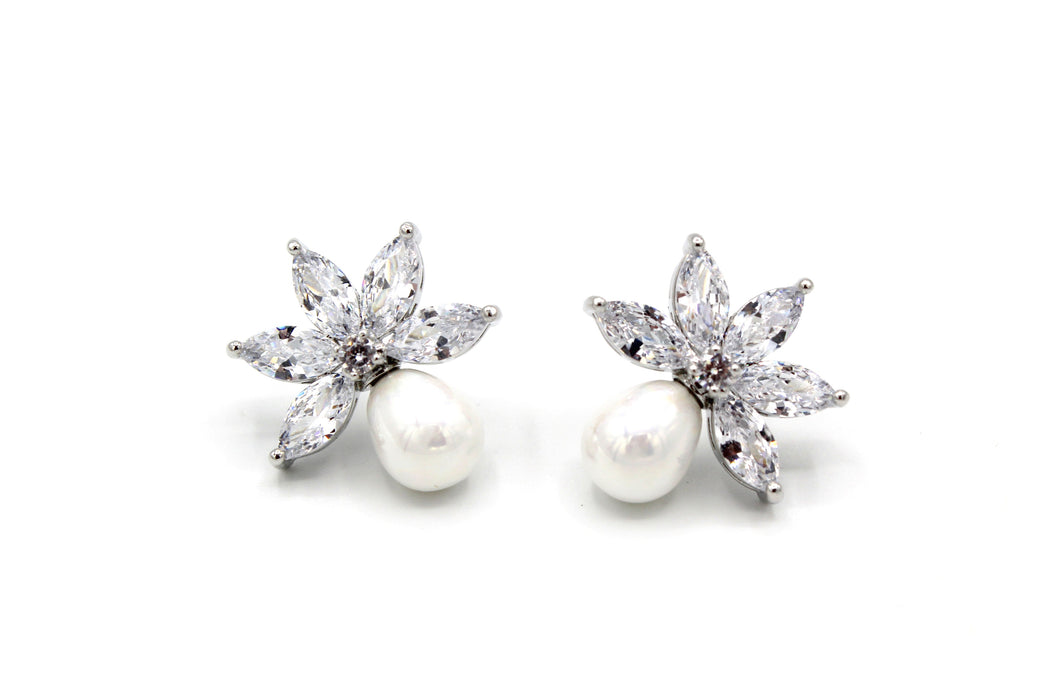 Pearl Power - Pearl Bridal Earrings | CZ Pearl Stud Earrings | Crystal Drop Earrings - Amelie Owen