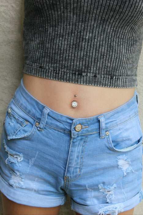 Belly Crystal - 14G 10mm CZ Belly Button Ring | Crystal Navel Piercing | Silver or Black Flower Body Jewelry - Amelie Owen