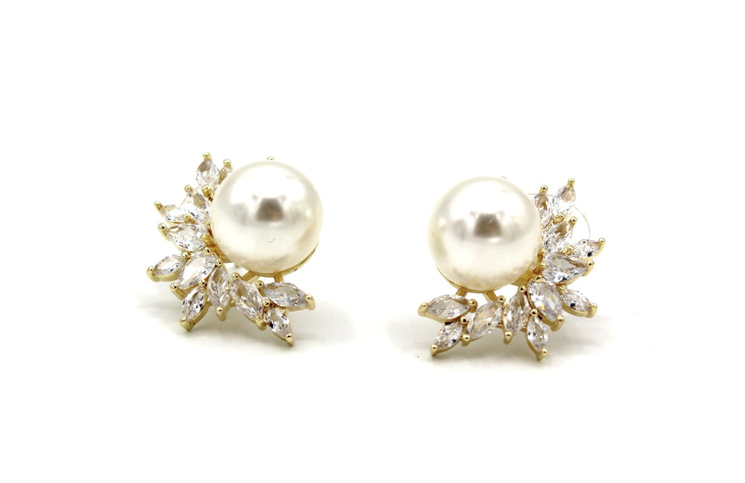 Uptown Pearl - Pearl Bridal Earrings, CZ Rose Gold Earrings, Bridesmaid Earrings