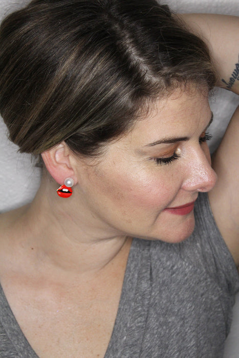 Flaming Lips- Pearl and Red Lip Ear Jacket | Lip Stud Earrings - Amelie Owen Collections